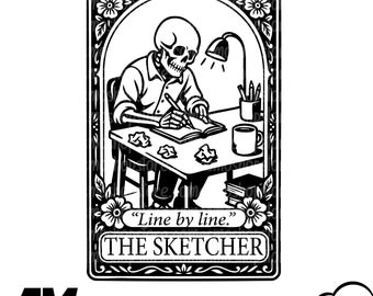 May include: Black and white illustration of a skeleton sketching at a desk under a lamp. The image is framed with floral accents and includes the text "Line by line." and "THE SKETCHER".