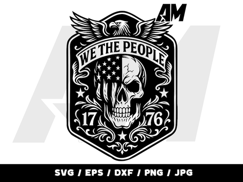 May include: Black and white graphic design featuring a skull with an American flag design. The words "WE THE PEOPLE" are above the skull, with the numbers "17" and "76" on either side. An eagle and wings are at the top.