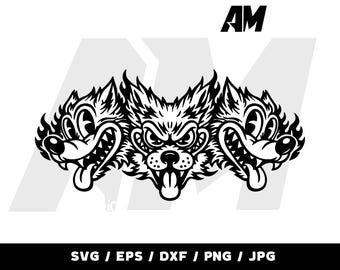 Triple Wolf Head SVG, Vintage Rubber Hose Cartoon Design, Retro Tattoo Style Cut File