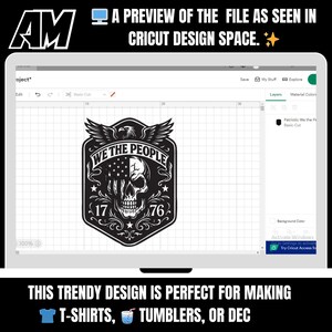Puede incluir: Un dise&ntilde;o en blanco y negro con una calavera con un motivo de la bandera estadounidense, el texto "WE THE PEOPLE" y los n&uacute;meros "17" y "76". El dise&ntilde;o se muestra en una pantalla de Cricut Design Space, adecuado para camisetas y vasos.