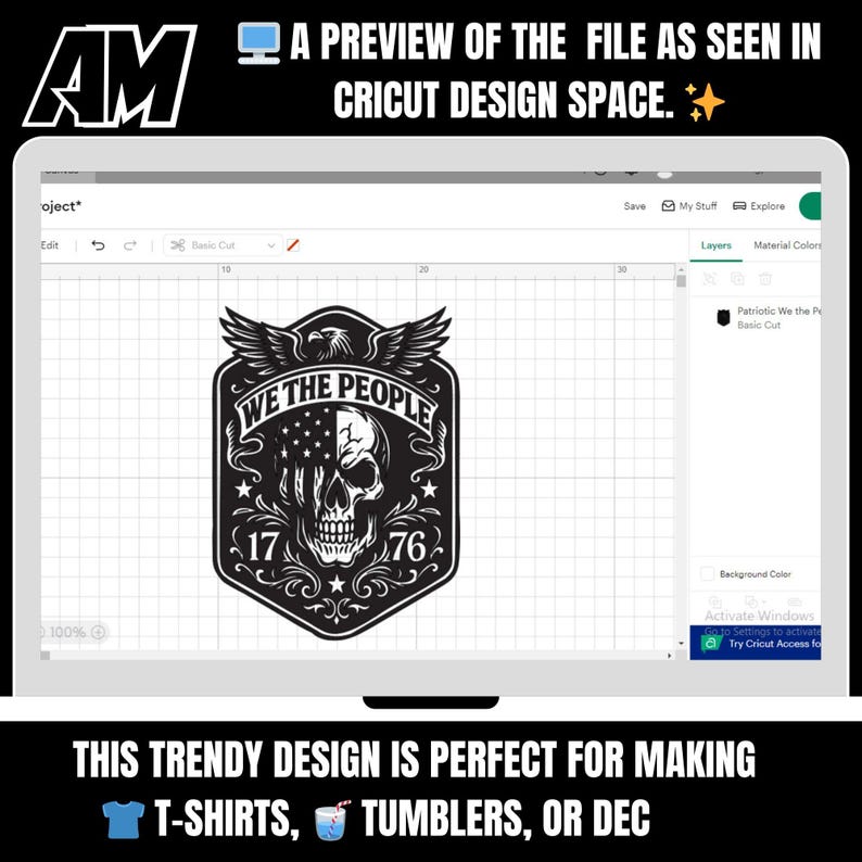 Puede incluir: Un dise&ntilde;o en blanco y negro con una calavera con un motivo de la bandera estadounidense, el texto "WE THE PEOPLE" y los n&uacute;meros "17" y "76". El dise&ntilde;o se muestra en una pantalla de Cricut Design Space, adecuado para camisetas y vasos.