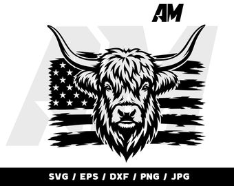 Hochlandrind-SVG mit amerikanischer Flagge für patriotische Western-Shirts und Bauernhofgeschenke