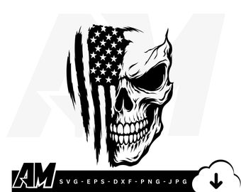 May include: A black and white graphic design featuring a human skull merged with a distressed American flag. The left side displays vertical stripes and stars, while the right side shows the detailed contours of a skull with deep eye sockets.