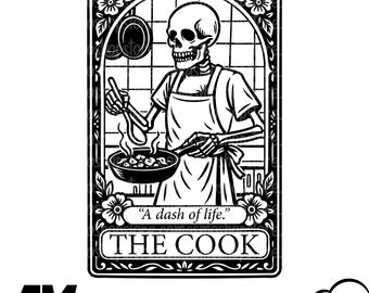 May include: Black and white illustration of a skeleton chef cooking in a pan, wearing an apron. The image includes the text "A dash of life." and "THE COOK" within a decorative frame. The image is a digital design.