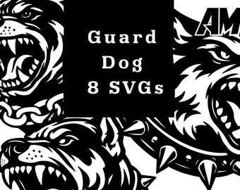 May include: Black and white graphic of a guard dog with bared teeth and a chain collar. The image includes the text "Guard Dog 8 SVGs" in a black rectangle, suitable for digital design projects.