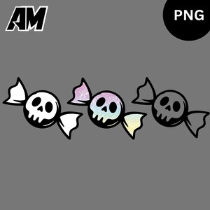 May include: Three cartoon candies with skull faces and white wrappers. One candy has a white skull, one has a rainbow skull, and one has a black skull. The background is gray. The top left corner has the letters "AM" in white, and the top right corner has "PNG" in a black circle.