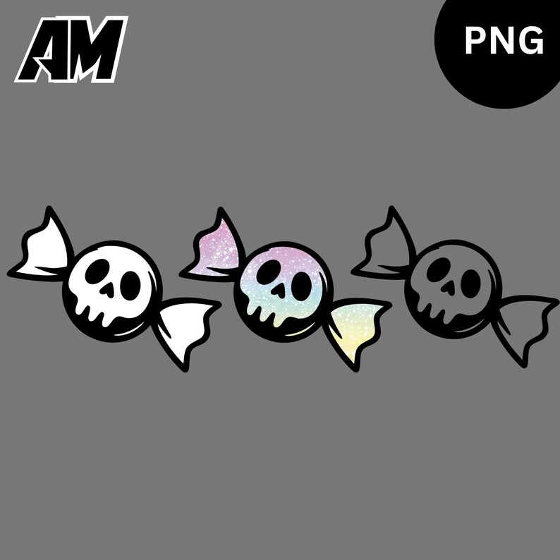 May include: Three cartoon candies with skull faces and white wrappers. One candy has a white skull, one has a rainbow skull, and one has a black skull. The background is gray. The top left corner has the letters "AM" in white, and the top right corner has "PNG" in a black circle.