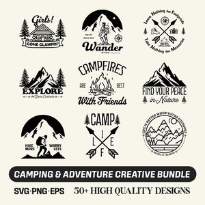 Camping SVG / Senderismo SVG / Naturaleza SVG / Explorar más SVG / Montañas SVG / Campista feliz / Vida de campamento / Paquete - Diseños Cricut SVG PNG EPS