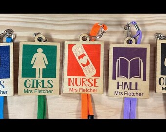 Personalized Teacher Hall Pass Set: Wood Laminated Classroom Lanyards