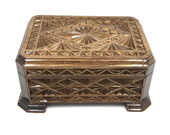 Handcrafted Wooden Jewelry Box: Geometric Carvings, Keepsake Storage