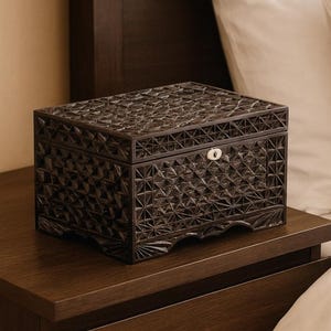 May include: A rectangular dark brown wooden box featuring an intricate geometric lattice pattern carved across the lid and front panels. The box includes a small white keyhole escutcheon centred on the front and a scalloped base design.