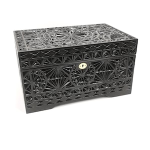 Handmade Black Wooden Box: Geometric Design, Burgundy Velvet Lining, Lockable Keepsake