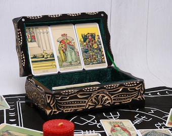 Carved Wooden Tarot Box: Gothic Witch Tarot Card Storage