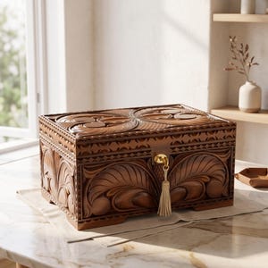 May include: A handcrafted wooden box with intricate carved floral and geometric patterns. The box is a rich brown color, featuring a gold-colored lock and a tassel. It sits on a neutral-colored cloth, suggesting a decorative or storage item.