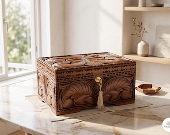 Große Schatztruhe aus Holz mit Schloss | Geschnitzte Erinnerungsbox | Abschließbare Aufbewahrungskiste