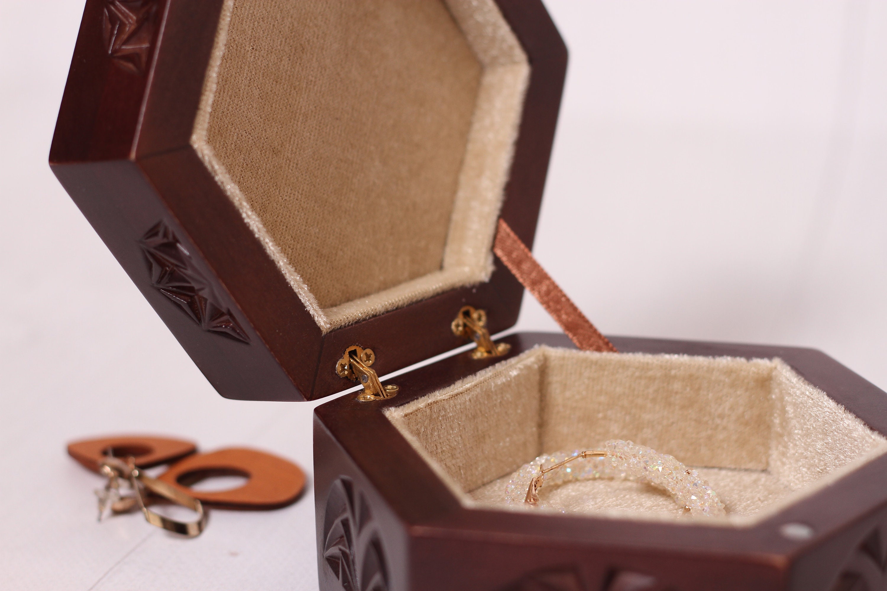 Hexagon Jewelry Box Wooden Hexagon Box Carved Wood Box Etsy