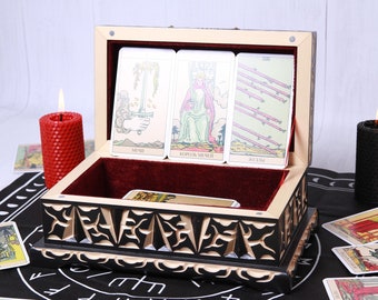 Carved Linden Wood Tarot Card Box: Velvet Lined Altar Storage