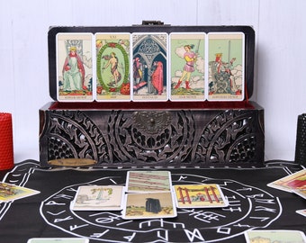 Carved Linden Wood Tarot Card Box: Velour Lined Altar Storage