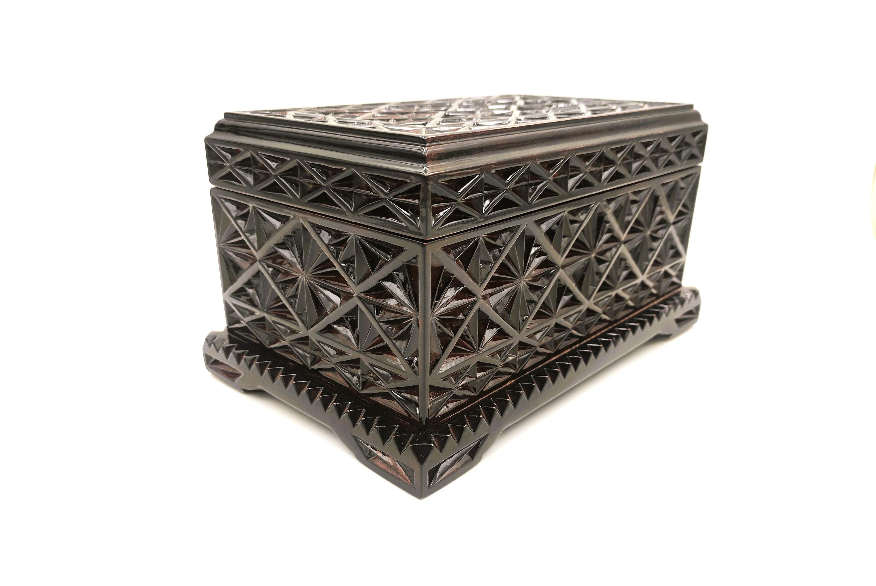 Handmade Carved Wood Jewelry Box: Geometric Walnut Finish