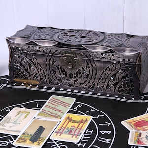 Hand Carved Wooden Tarot Card Box: Norse-Inspired Witchcraft Keepsake Chest