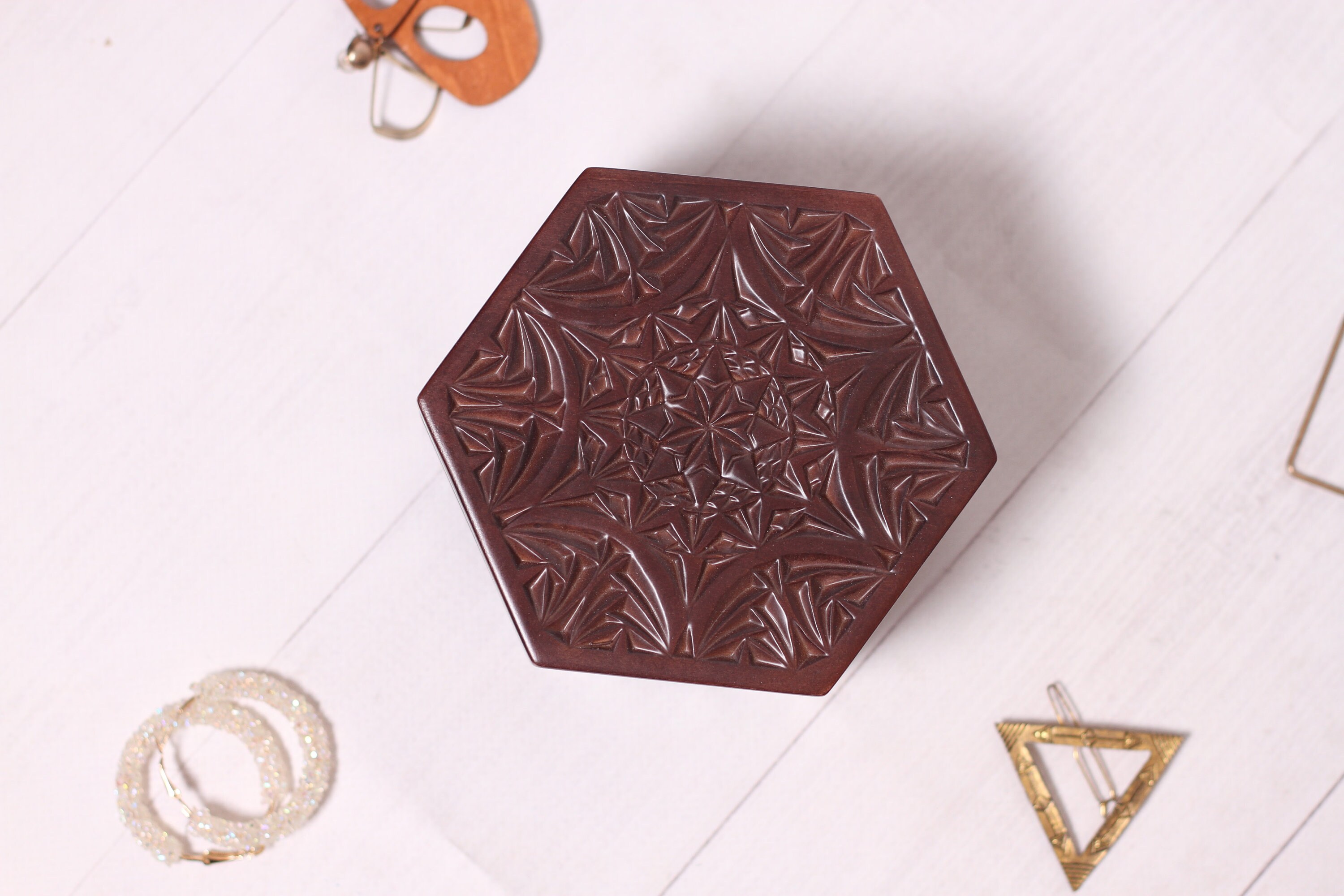Hexagon Jewelry Box Wooden Hexagon Box Carved Wood Box Etsy
