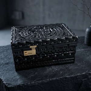 Extra Large Tarot Card Box | Hand Carved Altar Storage Chest | Mandala Carved Wood Box with Lock | Spiritual Healing Tools Organizer