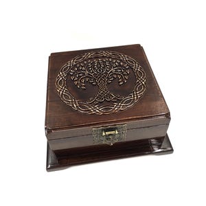 Celtic Tree of Life Wooden Box: Viking Carved Keepsake Chest