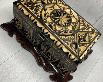 Hand carved wood jewelry box, Jewelry box wood, Carved wood chest - Superstar