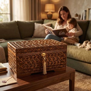 May include: A wooden chest with a geometric pattern sits on a dark brown table. The chest has a gold-colored lock and a tassel. A woman and child are reading a book on a green sofa in the background. A stack of framed photos and an envelope are on the table.