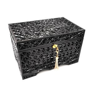 Handcut Geometric Black Wooden Keepsake Box: Burgundy Velvet Lining