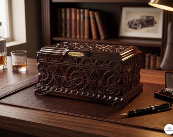 Hand Carved Wooden Box for Men | Personalized Keepsake Chest | Geometric Memory Box