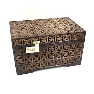 Hand Carved Wooden Jewelry Box with Lock: Burgundy Velour Lining