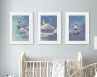 Stars and Moon Nursery Decor Set of 3, Stars and Moon Nursery Prints, Celestial Wall Art, Gender Neutral Baby Room, Navy Nursery, Printable