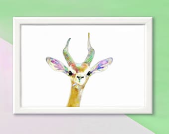 May include: A watercolor painting of a gerenuk, a type of antelope, with long neck and large ears. The gerenuk is painted in shades of yellow, pink, and green.