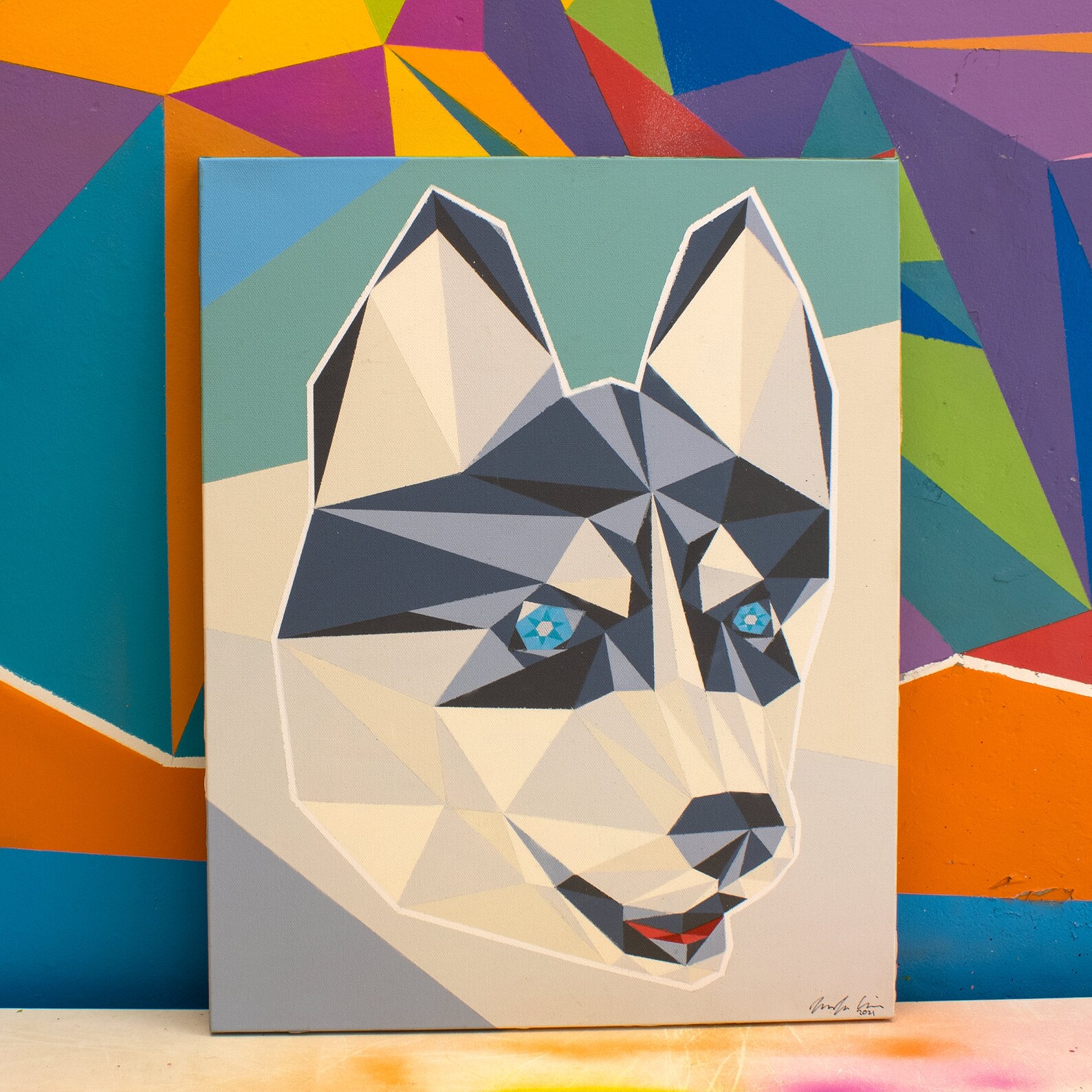 Husky Puppy Geometric Pet Portrait Canvas Painting 20x16 - Etsy 日本