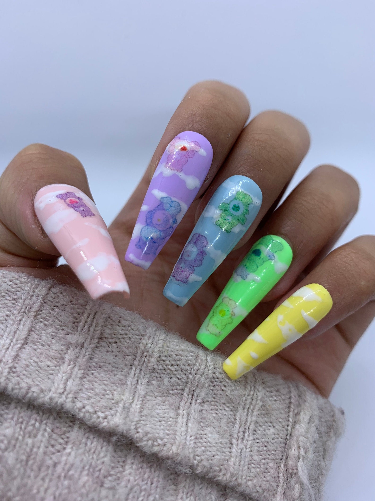 Care Bears Presson Nails With Glue Rainbow Nails Etsy
