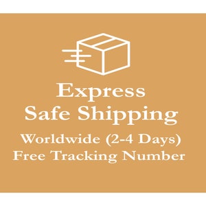 May include: A white icon of a box with a diagonal line across it and three lines coming out of the left side of the box. The text below the icon reads "Express Safe Shipping Worldwide (2-4 Days) Free Tracking Number".