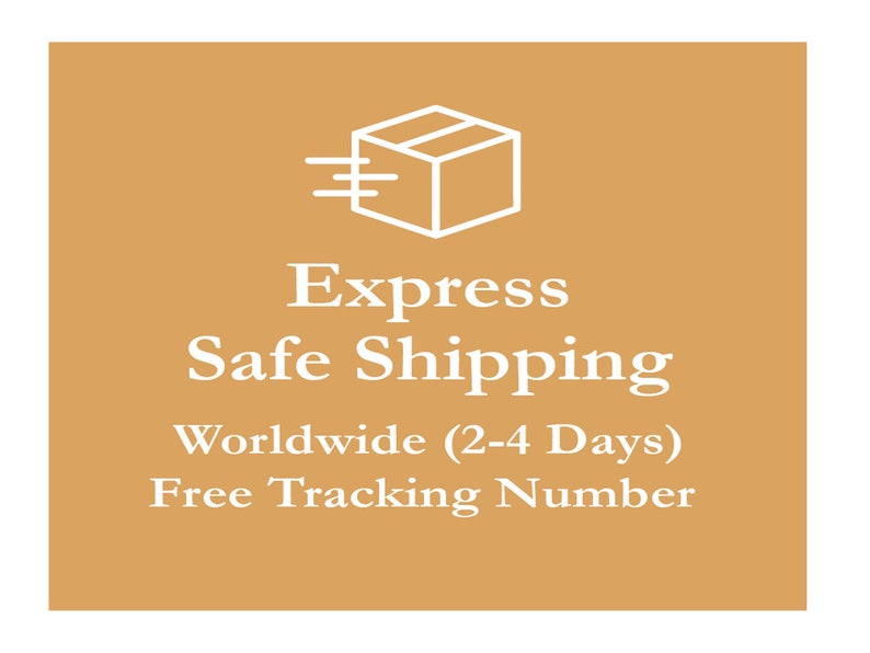 May include: A white icon of a box with a diagonal line across it and three lines coming out of the left side of the box. The text below the icon reads "Express Safe Shipping Worldwide (2-4 Days) Free Tracking Number".