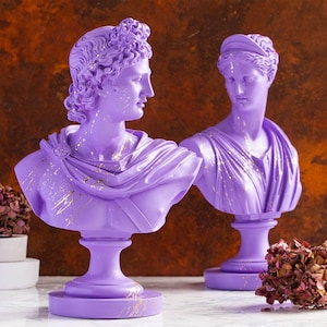 Art Statue Set Apollo & Artemis Bustes Greek Gods Sculptures Purple Gold Home Decor 25.5 cm Height