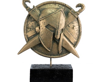 Greek Shield Spartan Helmet Bronze Table Decor Sculpture 18 Height