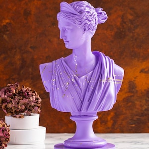 Art Statue Artemis Bust Purple Gold Sculpture Greek Goddess Home Decor 33 cm Height