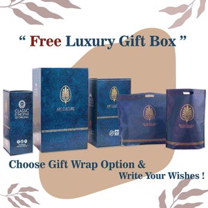 May include: A blue gift box with the text "Art Culture" on it. The box is surrounded by other blue boxes and bags with the same design. The text "Free Luxury Gift Box" is at the top of the image. The text "Choose Gift Wrap Option & Write Your Wishes!" is at the bottom of the image.