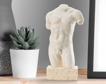 Male Naked Body Sculpture white stone Home Decor Hand Painted 21.5 cm Height