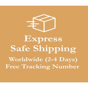 May include: A white icon of a box with a diagonal line across it and three lines coming out of the left side of the box. The text below the icon says "Express Safe Shipping Worldwide (2-4 Days) Free Tracking Number".