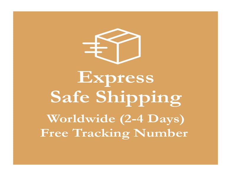 May include: A white icon of a box with a diagonal line across it and three lines coming out of the left side of the box. The text below the icon says "Express Safe Shipping Worldwide (2-4 Days) Free Tracking Number".
