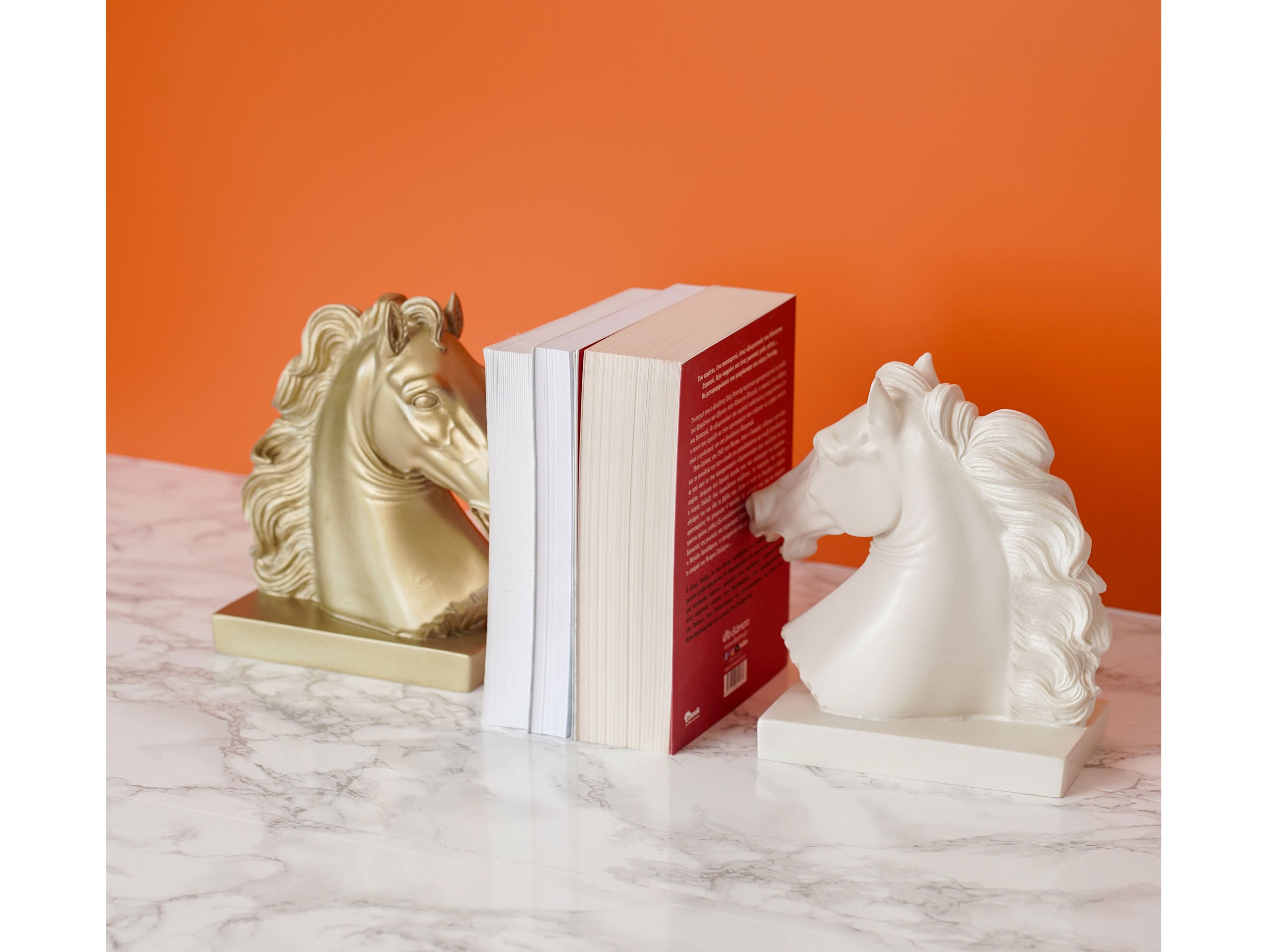 Paire De Serre-livres Tête De Cheval - Marbre Et Albâtre - Style Ancien - Occasion