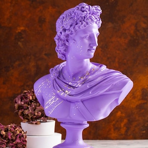 Art Statue Apollo Bust Sculpture Greek God Purple Gold Home Decor 25.5 cm Height