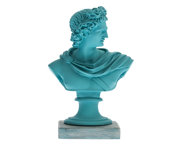 Apollo Statue,Greek Sculpture, Apollo Bust, Modern statuette, Roman Sculpture,Greek God Statue, marble, Painted Statue,decorative figurine Turquoize