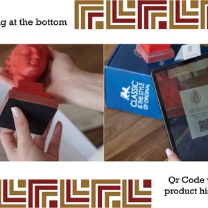 May include: A red bust sculpture of a person's head on a red base with a black lining at the bottom. The sculpture is being held by a person's hand. A tablet is showing a QR code with the text "Art Culture" and the words "Classic is the style of original".