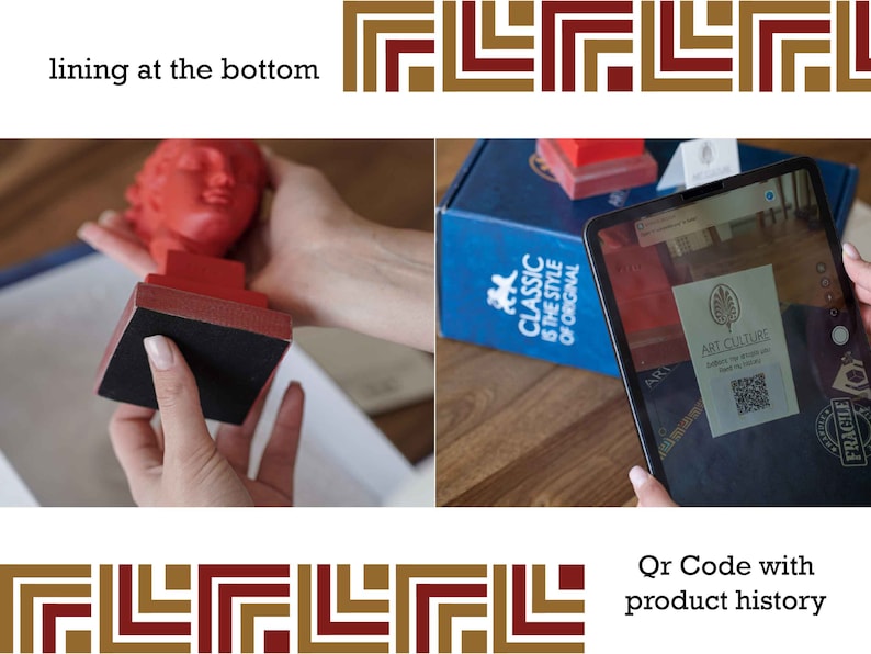 May include: A red bust sculpture of a person's head on a red base with a black lining at the bottom. The sculpture is being held by a person's hand. A tablet is showing a QR code with the text "Art Culture" and the words "Classic is the style of original".
